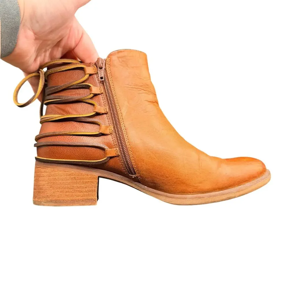 Korks Brown Leather Ankle Boots Lace Back Block Heel Size 8M